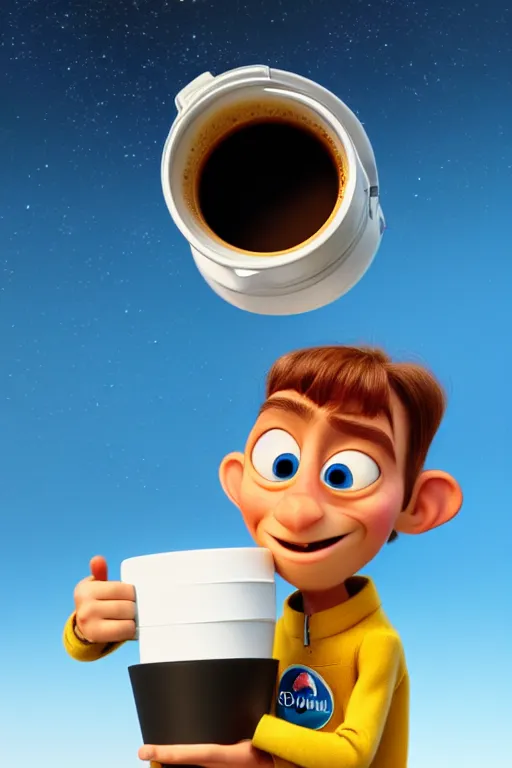 Image similar to portrait of a astronaut holding a cup of coffee with the earth in background, full body. pixar disney 4 k 3 d render funny animation movie oscar winning trending on artstation and behance, ratatouille style