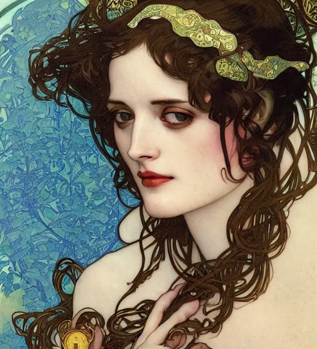 Prompt: detailed closeup of eva green by alphonse mucha, ayami kojima, yoshitaka amano