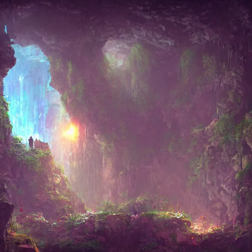 Prompt: interior of a cave with ancient ruins and plants with lights, retrowave epic art, trending on artstation, cgsociety