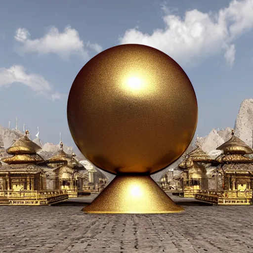 Prompt: photograph, realistic hyper detailed hardsurface modelled 3 d geometry, houdini destruction of aminimalist design temple, tarnished gold sphere is far far in the distance, deep perspective, wide angle, insanely detailed and intricate,, eal, gold, silver red, paradise hospital environment,