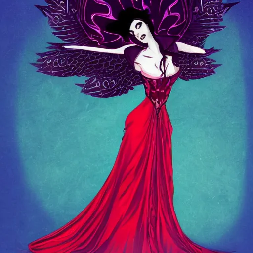 Image similar to urban fantasy character portrait of the goddess of trysts, ownership, hospitality and epiphanies, a vision in a scarlet ballgown, with raven tresses artfully atop her head, intoxicating, slight, asymmetrical face, inescapable presence, every line of perspective, every gaze, every beam of light curves towards Her, adulation