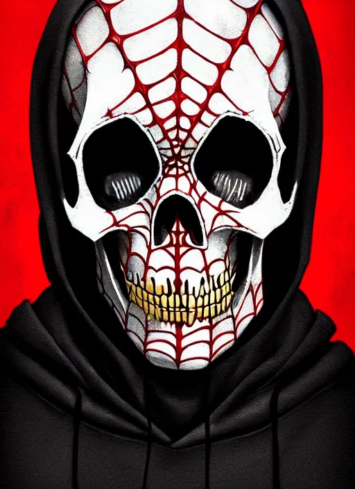 Image similar to highly detailed closeup portrait of a skeleton in spiderman suit with skeleton skull head, black hoodie by atey ghailan, by greg rutkowski, by greg tocchini, by james gilleard, by joe fenton, by kaethe butcher, gradient, red, gold, black, brown and white color scheme, grunge aesthetic!!! white graffiti tag wall background