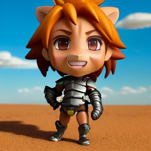 Image similar to antropomorphic knight lion warrior as nendoroid walking in a desert in the croods movie style, anime, disney, pixar, 8 k, hd, dof, kodak film, volumetric lighting, subsurface scattering, photorealistic, octane render, details