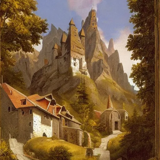 Prompt: a medieval monastery on top of a steep, high mountain in the alps, fantasy, painting