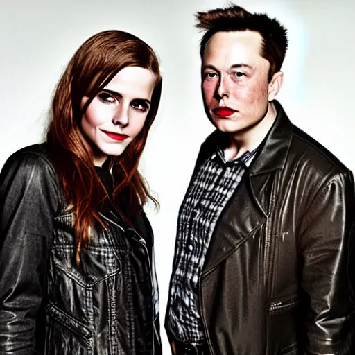 Prompt: elon musk and emma watson on a metal album cover