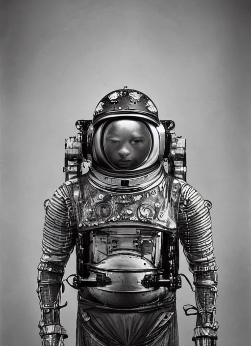 Image similar to old wetplate daguerreotype portrait of a futuristic silver armored space astronaut, fractal, intricate, elegant, highly detailed, parallax, leica, medium format, subsurface scattering, by jheronimus bosch and greg rutkowski and louis jacques mande daguerre