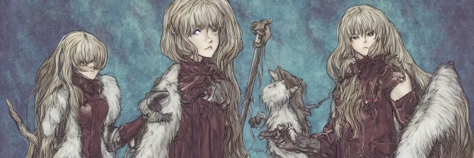 Image similar to a beautiful dressed furry girl, artstation hq, stylized, award winning, dark phantasy, colored illustration from berserk, created by kentaro miura