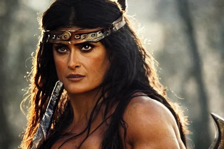 Image similar to epic photo of muscular salma hayek as beautiful barbarian warrior princess in a battle scene, detailed eyes, neutral expression, shallow depth of field, photorealistic, cinematic lighting, lovely bokeh, warm colours, dusk, movie quality