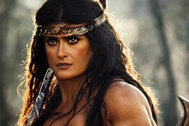 Prompt: epic photo of muscular salma hayek as beautiful barbarian warrior princess in a battle scene, detailed eyes, neutral expression, shallow depth of field, photorealistic, cinematic lighting, lovely bokeh, warm colours, dusk, movie quality