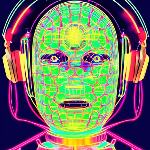 Prompt: hyperdetailed masterpiece portrait of a cyberpunk robot, covered in colorful glowing holy geometry and chakras, wearing headphones, symmetrical, 8 k, halluzinogenic