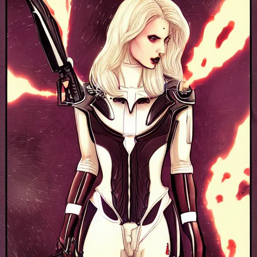 Image similar to Rand Holmes comic art, stunning female body, cyborg, eastern spy, evil smile, symmetrical face, symmetrical eyes, tailored clothing, long straight blonde hair, weapons