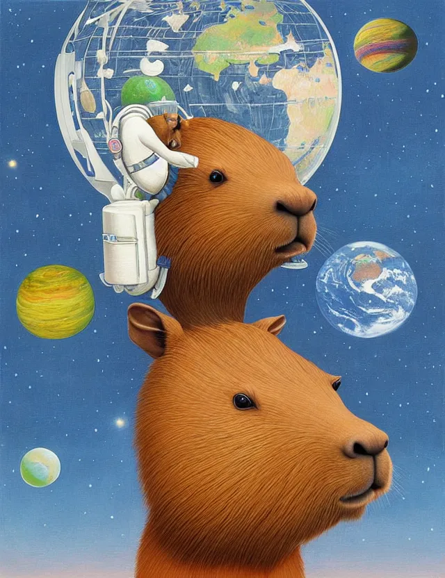 Prompt: beautiful detailed painting of a capybara in a spacesuit floating above earth by casey weldon by mark ryden by thomas blackshear