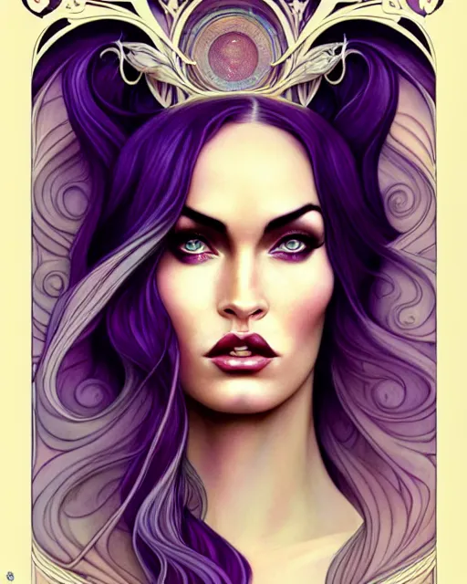 Image similar to new art nouveau portrait of fantasy goddess megan fox in the style of anna dittmann, patrick nagle, charlie bowater and loish. long windblown hair, very large, clear, expressive, and intelligent eyes. symmetrical, centered, ultrasharp focus, dramatic lighting, photorealistic digital matte painting, intricate ultra detailed background.