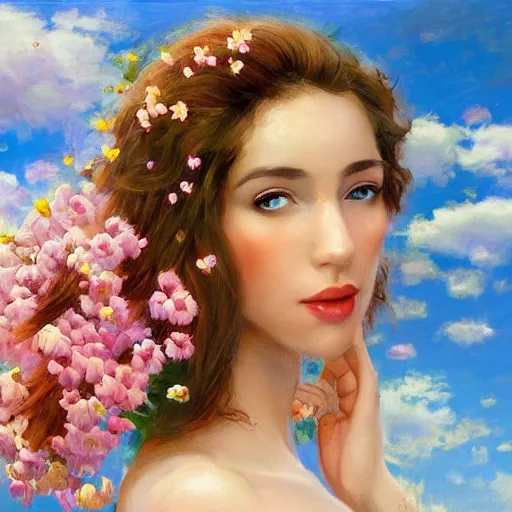 Image similar to a portrait of a romantic woman with flowers grow out of hair, roses peonies forget-me-nots dahlias lupins gladioli, sky theme in background, by Alexandr Averin, Digital Art, Trending on artstation