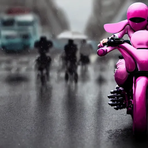 Image similar to hyper realistic, photo, humanoid pink female Squid creatures riding a motorcycle fast in the rainy city traffic