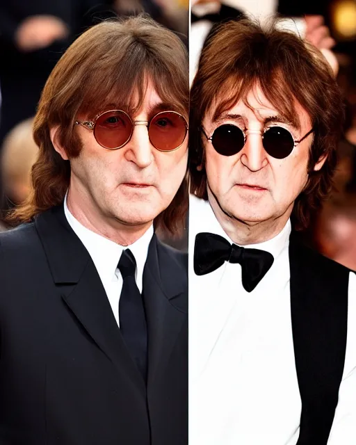 Prompt: genetic combination of john lennon and paul mccartney, photographed at met gala, dynamic lighting, ultra detailed