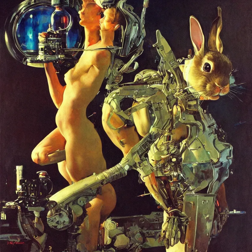 Prompt: a bunny made of mirrors. highly detailed science fiction painting by norman rockwell, frank frazetta, and syd mead. rich colors, high contrast, gloomy atmosphere, dark background. trending on artstation