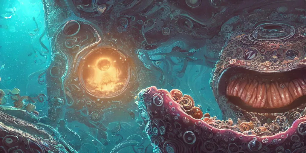 Image similar to of an intricate deep sea with strange cute friendly happy creatures with huge eyes, mouth, long tongue, round teeth and goofy face, appearing from the background, in the style of gehry and gaudi, macro lens, shallow depth of field, ultra detailed, digital painting, trending artstation, concept art, illustration, cinematic lighting, photorealism, epic, octane render