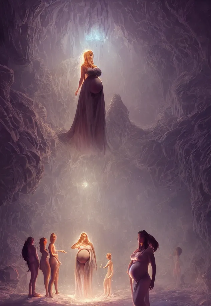 Image similar to epic pregnant woman talking to all her tribe with fluorescence bodies, proud people gather around the pregnant woman, fluorescence bodies, ice cave at night, intricate, elegant, highly detailed, digital painting, artstation, concept art, smooth, sharp focus, illustration, art by artgerm and greg rutkowski