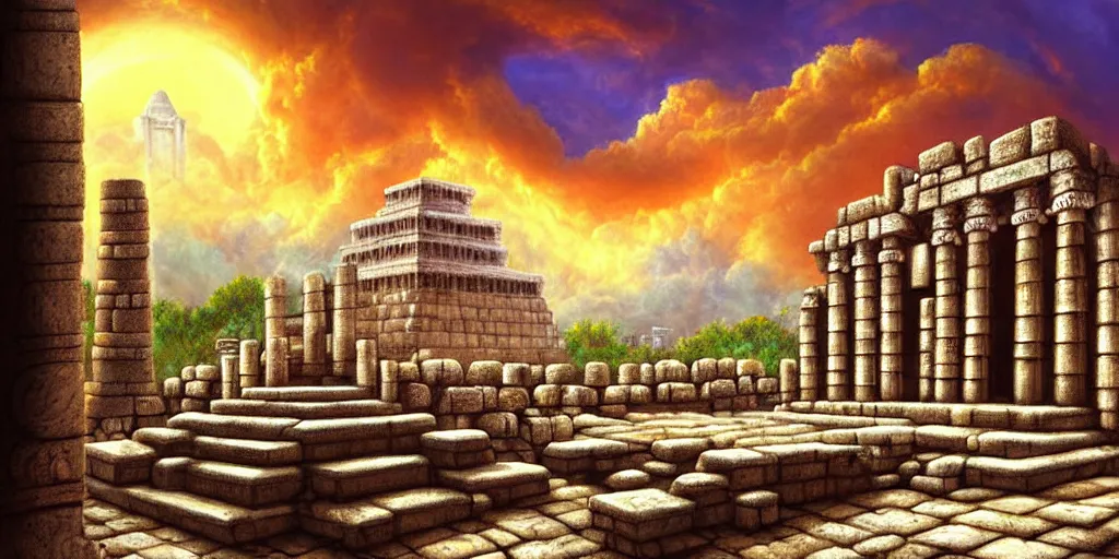 Prompt: illusion painting hidden temple in the clouds : an adorable small fox in the huge ruins of the second temple in jerusalem. a new temple hovers quietly hiding in the dreamy clouds above. a hooded bearded old man in a brown tunic laughing, colorful 8 k, art station, intricate superb details, digital art, illusion painting hidden image.