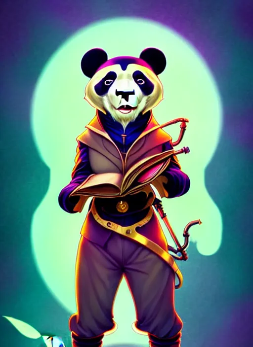 Image similar to don bluth, loish, artgerm, joshua middleton, steampunk, clockpunk anthropomorphic panda, full sailor suit, symmetrical eyes symmetrical face, colorful animation forest background