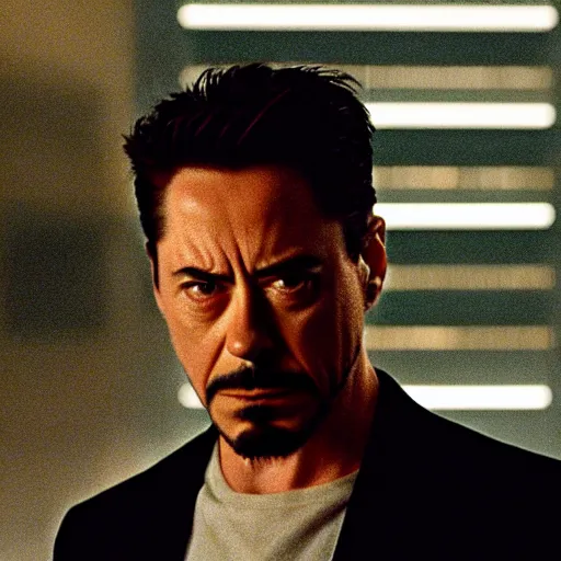 Image similar to cinematic still of Tony Stark in The Matrix (1999), XF IQ4, f/1.4, ISO 200, 1/160s, 8K, RAW, dramatic lighting, symmetrical balance, in-frame