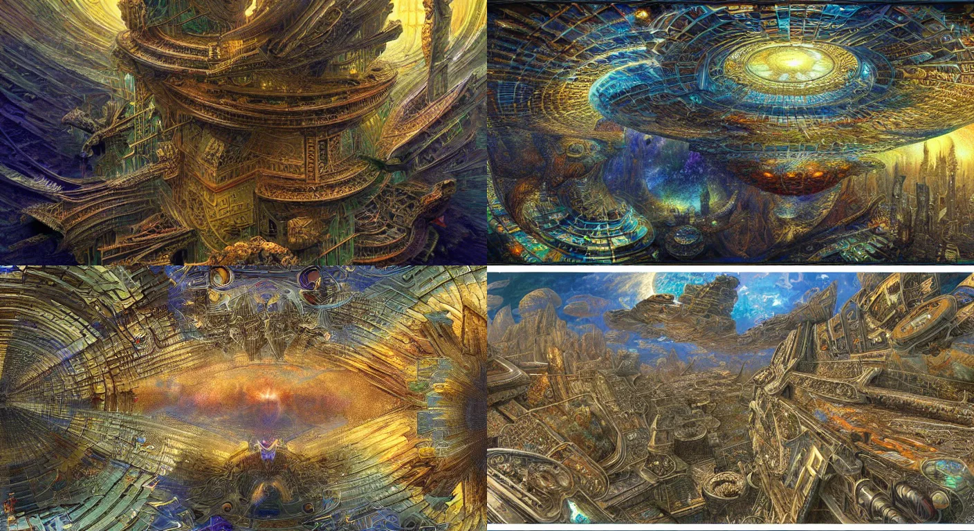 Prompt: insane infographic, style of Donato Giancola, grid-displace style, mandelbulb-3d background, radiant, mind-changing. Highly detailed, photographic, cinematic, dramatic, sublime, establishing shot.