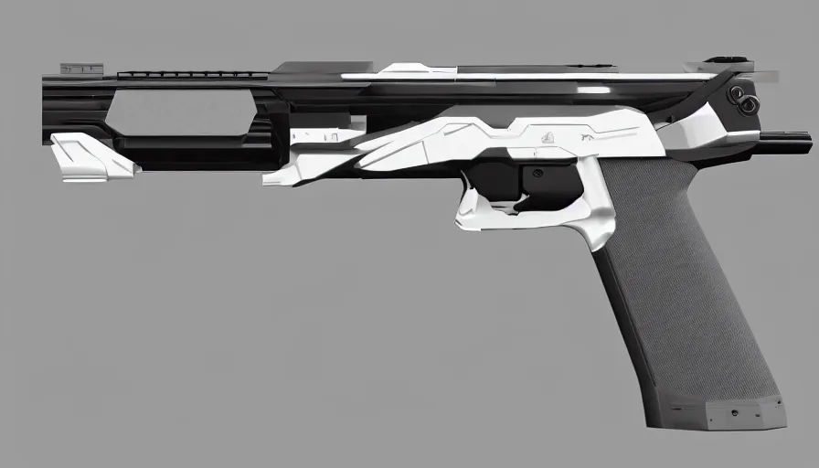 Prompt: extremely detailed realistic side view of a sci fi magnum pistol coilgun, detailed trigger, chemically propelled, massive battery, smooth streamline, battery and wires, railgun, coilgun, chemrail, gauss, elegant sleek smooth body, white paint, smooth utopian design, ultra high quality, minimalist, octane, cod, destiny, warframe, terminator