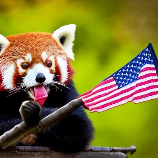 Image similar to red panda with armour, holding american flag, photo, dslr, photorealistic