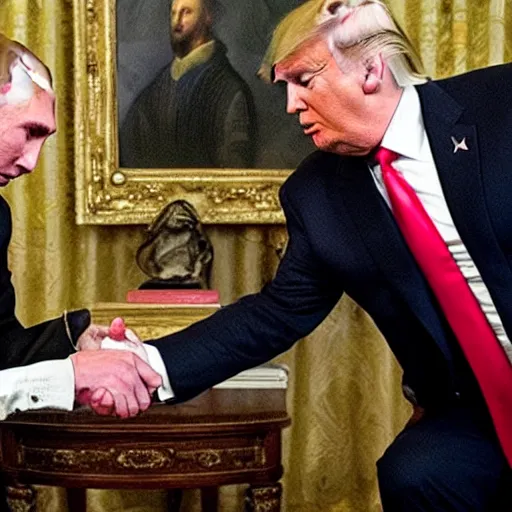 Prompt: Donald Trump reaching out to touch Vladimir Putin, replica of Michaelangelo painting Creation of Adam