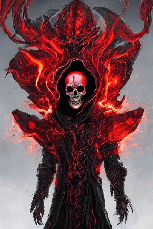 Image similar to A full body portrait of a mysterious character with a flaming skull with a very long hooded blood red and black cloak, tentacles coming out the ground art by Jason Chan and Gilles Beloeil, ominous, cosmic horror, trending on artstation, Ultra detailed, hyper realistic 4k