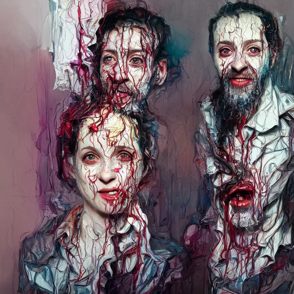 Image similar to bright realistic chabad cult smiling franticly, old apartment, rotten flesh, diffuse lighting, fantasy, intricate, elegant, highly detailed, lifelike, photorealistic, digital painting, artstation, illustration, concept art, smooth, sharp focus, art by francis bacon and jenny saville and agnes cecile