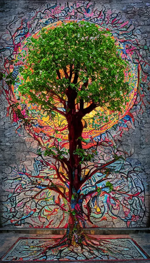 Image similar to tree of life, mexican city street, fantasy, 8k