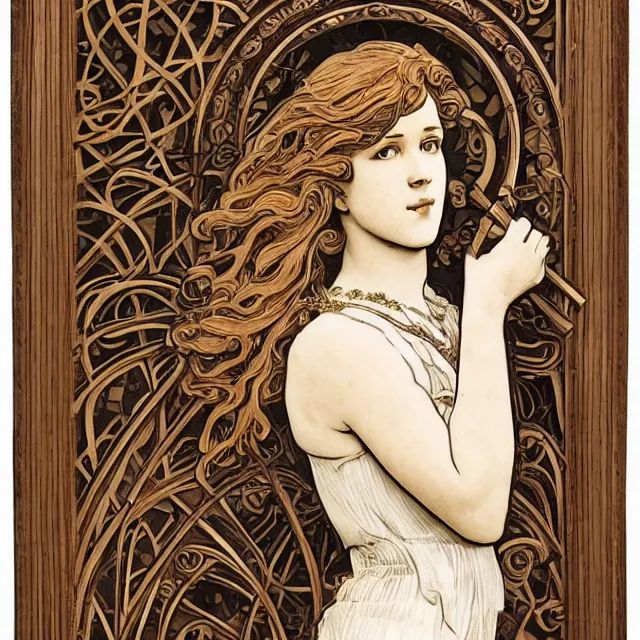 Image similar to a bas - relief wooden art nouveau sculpture of a young molly ringwald with long hair blowing in the wind, in front of a delicate tracery pattern, intricate and highly detailed, well - lit, ornate, realistic, by alphonse mucha