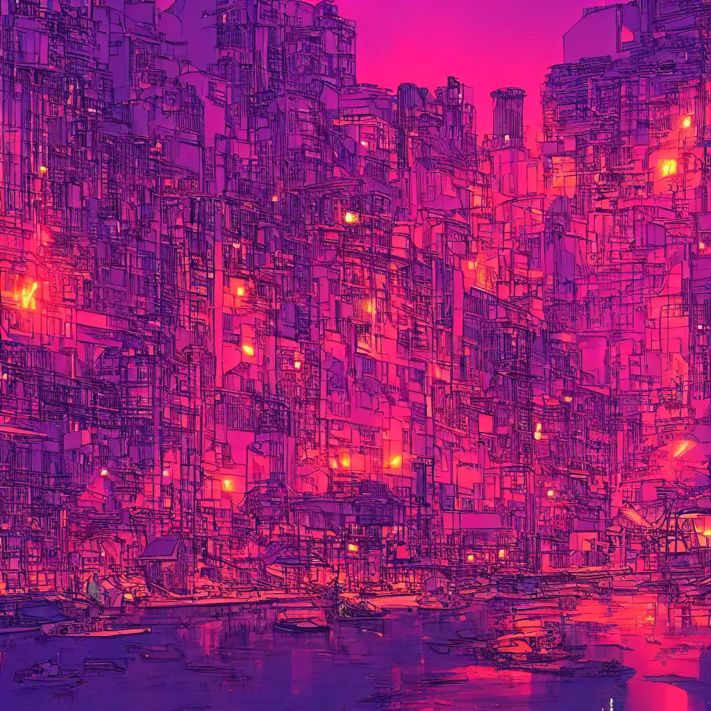 Prompt: the city lights were bright pink and orange and shone overhead. the harbour looked beautiful the sun reflecting off of the water and the neon lights of the city gave of a warm feeling, trending on artstation, by moebius