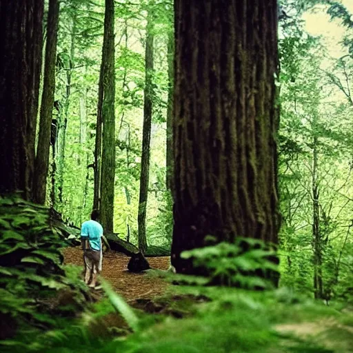 Prompt: “ poor quality nature photography of a bald man hiking in the woods with bigfoot walking by ”