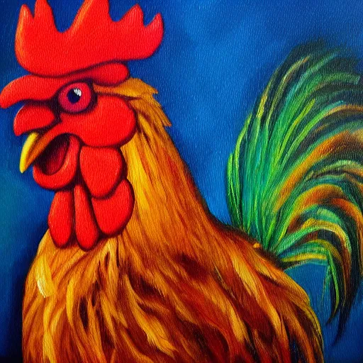 Image similar to oil painting of happy rooster ultra realism