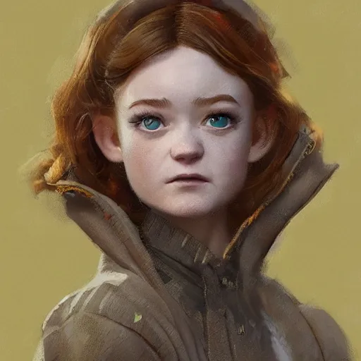 Prompt: a highly detailed epic cinematic concept art CG render digital painting artwork costume design: pixie cut Sadie Sink in a 1950s man's coat and hoodie. muted colors with some yellow accents. By Greg Rutkowski, Ilya Kuvshinov, WLOP, Stanley Artgerm Lau, Ruan Jia and Fenghua Zhong, trending on ArtStation, made in Maya, Blender and Photoshop, octane render, excellent composition, cinematic atmosphere, dynamic dramatic cinematic lighting, aesthetic, very inspirational, arthouse