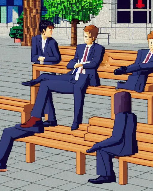 Image similar to three men in suits sitting on a bench, pixel art by hiroshi nagai and by guy billout and by philippe bouchet, cg society, pixel art, 2 d game art, # pixelart, ps 1 graphics