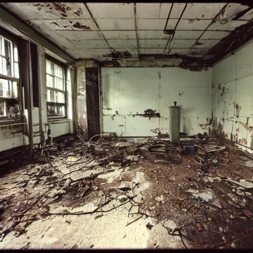 Prompt: 32mm photo of the interior a long abandoned lab, overgrown and equipment can be seen rusted with time, the memories of scientists can still be seen trying to find a cure shot on 35mm film