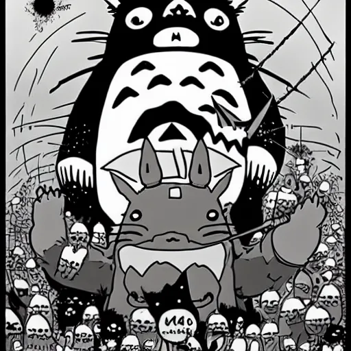 Image similar to totoro in a black metal band in a concert, dressed like band metal kiss, marduk, mayhem, burzum, inmortal, a crowd cheering, a drummer, electric guitar, sparkles all around, fantasy digital art, wow, stunning, ghibli style, hight quality