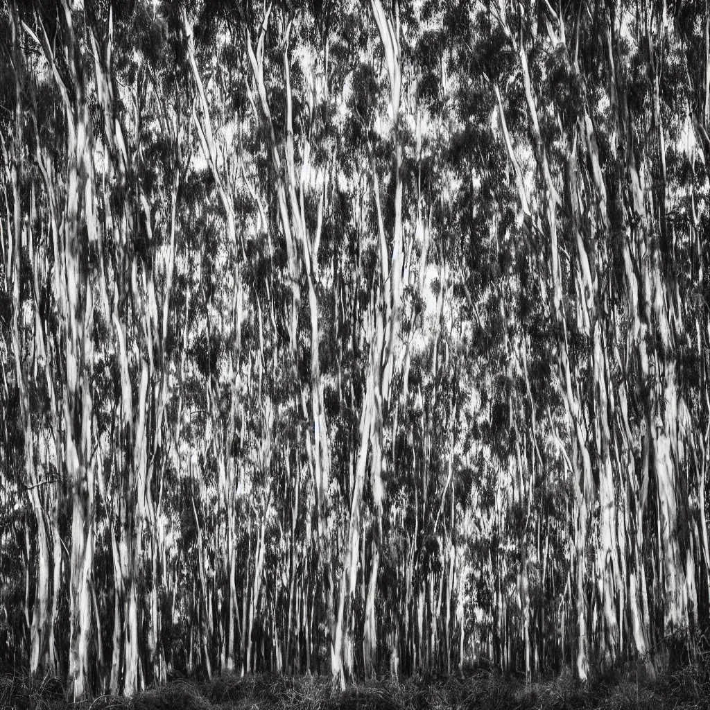 Prompt: long exposure photograph of eucalyptus trees moving by a strong wind, back light, sony ar 7 ii, photographed by trent parke