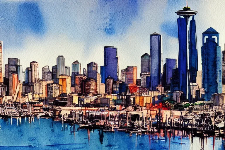 Prompt: !! watercolor!! seattle in a sunny day, artwork by tooth wu, colorful contrast,!!!! very coherent!!!!, dark shadow, thick lineart