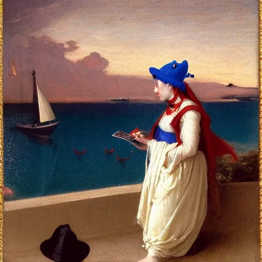 Image similar to A girl with jester hat and clothes on a greek circle archi on the front of a Balustrade with a beach and a sail boat on the background at night, major arcana cards, by paul delaroche and arnold böcklin hyperrealistic 8k, very detailed