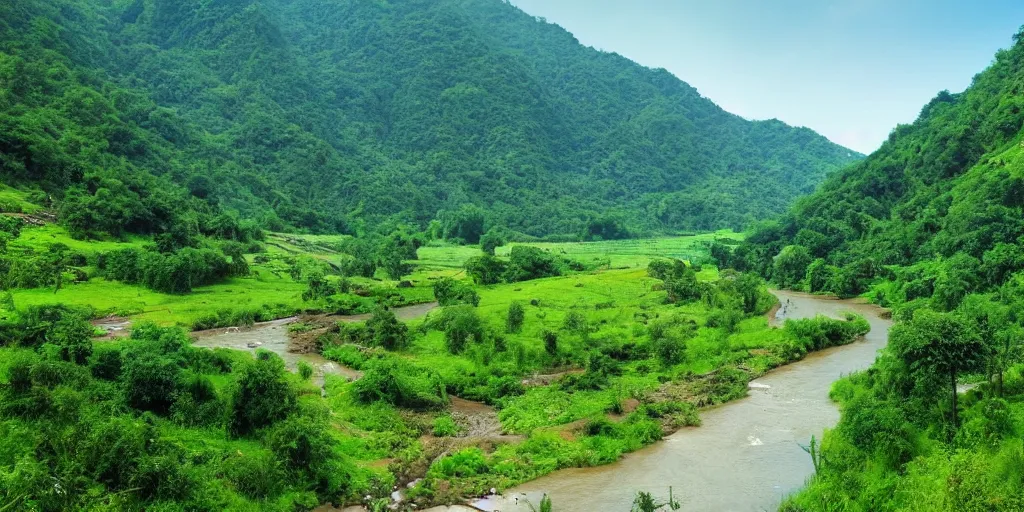 Image similar to a lush green valley with a great meandering river, blue waters, morning light, sun, beautiful, landscape view, village by the river