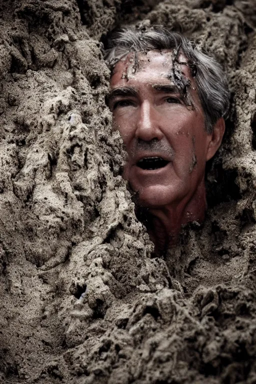 Image similar to cinematic still randy mantooth covered in mud emerging from inside a giant hole made of flesh, 4 k, dramatic lighting