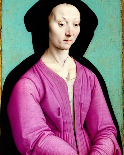 Prompt: portrait of a pale woman with blue hair buns, wearing a pink hoodie, intricate details, high detail, black background, in a high renaissance style, in the style of jan van eyck and jacopo da pontormo, punk, asian art,