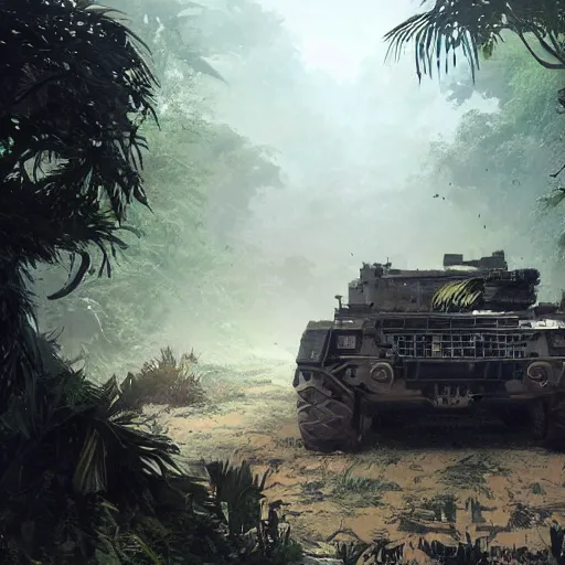 Image similar to an armored vehicle driving through the jungle, dramatic lighting, illustration by Greg rutkowski, yoji shinkawa, 4k, digital art, concept art, trending on artstation