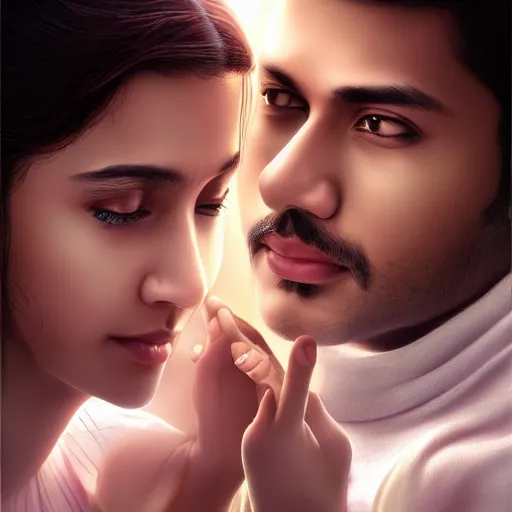 Image similar to theatrical press release ; indian young male and female couple sharing one heart ; stunning digital artwork by artgerm ; cinematic movie pose ; photorealistic, hyperrealistic, dramatic soft rim light ; highly detailed ; face by wlop ; trending on artstation ; cinematography from music video ; symmetrical, high coherence