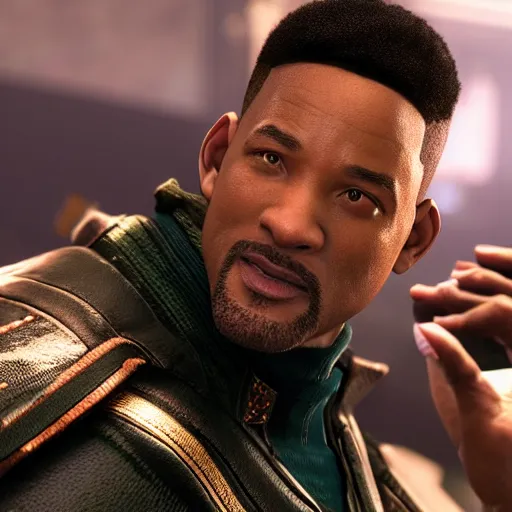 Image similar to a videogame still of Will Smith in Tekken 7, 40mm lens, shallow depth of field, split lighting